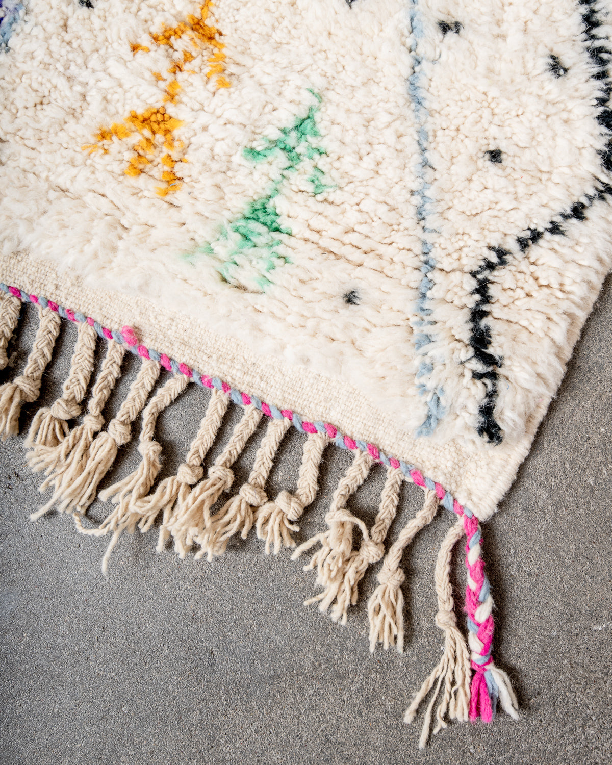 Modern, designer, handcrafted Berber rug from Morocco. Beniourain carpet with beautiful colours and patterns and fluffy wool texture.